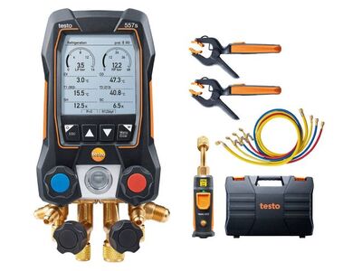 Testo 557s Pro Smart vacuüm set met vulslangen - Slimme digitale manifold met draadloze vacuüm- en tang-temperatuurvoelers en set van 4 vulslangen 05645572 