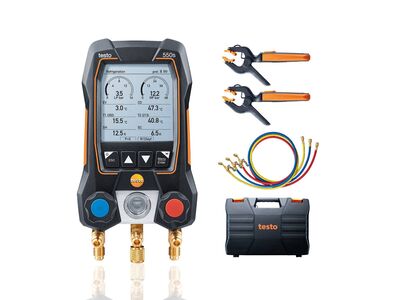 Testo 550s Smart set (BRL100) Slimme digitale manifold met draadloze tang-temperatuurvoelers en set van 3 vulslangen 05645503