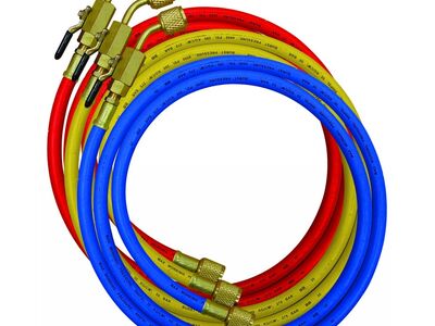 Mastercool slangenset met kranen 1500MM  Rood/Geel/ Blauw 1/4 x1/4 x 1/4  90262-60-E