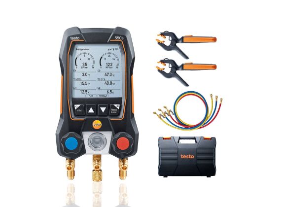 Testo 550s Smart set (BRL100) Slimme digitale manifold met draadloze tang-temperatuurvoelers en set van 3 vulslangen 05645503