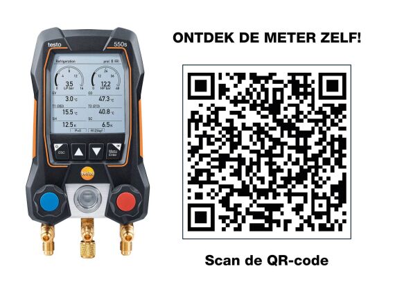 Testo 550s Smart set (BRL100) Slimme digitale manifold met draadloze tang-temperatuurvoelers en set van 3 vulslangen 05645503
