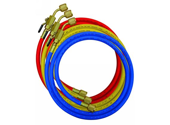 Mastercool slangenset met kranen 1500MM  Rood/Geel/ Blauw 1/4 x1/4 x 1/4  90262-60-E