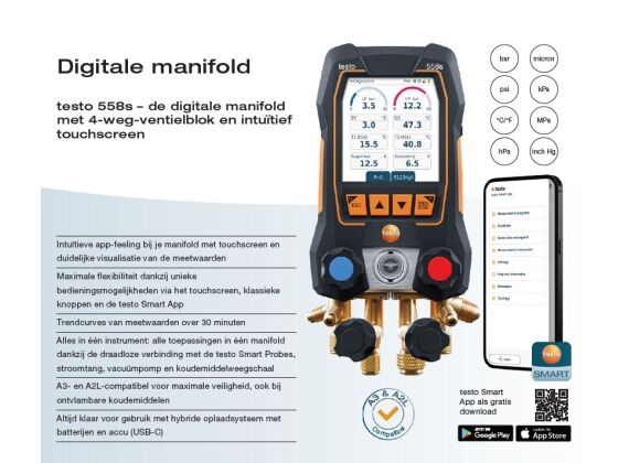 TESTO 558S SMART Slimme digitale manifold met draadloze vacuüm- en tang-temperatuurvoelers A2L A3 0564 5583