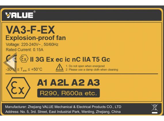 VALUE VA3-F-EX Explosie vrije ATEX  Heavy Duty ventilator A3 R290 R600 