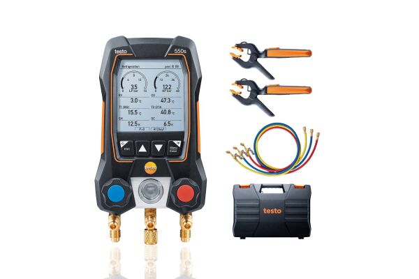 Testo 550s Smart set (BRL100) Slimme digitale manifold met draadloze tang-temperatuurvoelers en set van 3 vulslangen 05645503